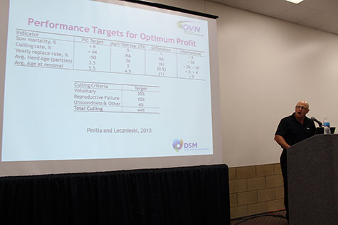  El Dr. Jon Bergstrom de DSM discutió la importancia de llegar al parto 3, 4 y 5. (Foto cortesía de Purina)