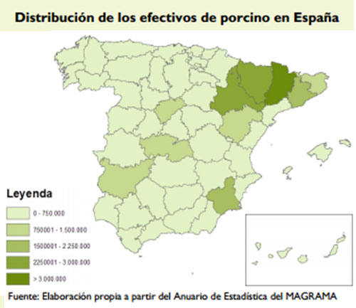 distribucion de los efectivos de porcinos en espana, el sitio porcino,